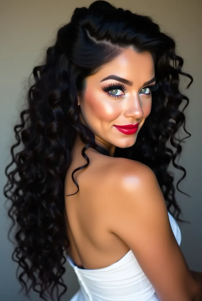 A woman with black curly long hair cascading down her back. The top and sides are pulled up into a small bun. The rest falls down her back She has ice blue eyes with white and black eye shadow with extra long dark black eyelashes. Red glossy plump lips. Sh...