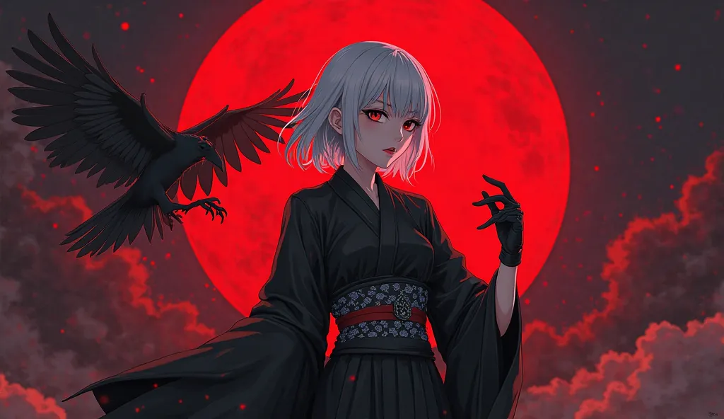 girl black kimono and gloves white hair blood moon crow anime