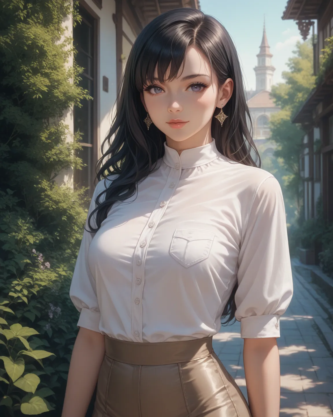 A woman of approximately 30 years old,  wearing a white shirt , black hair, that has glasses, That she has E-cup breasts, And in anime style.