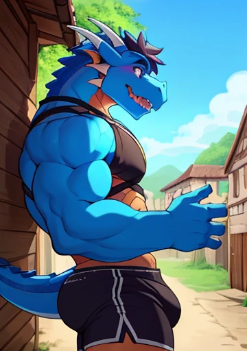 Dragon, (blue) , village in background, happy, male, standing, looking at viewer, muscular, black shorts, looking worried, big bulge in shorts, wearing a harness, side view, ass, shorts sliding off