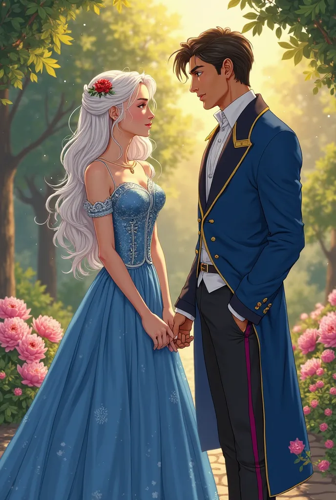 Stylish Anime illustrates In a corner of the garden, illuminated by the evening light, a young woman with white hair and golden eyes wearing a deep blue princess dress,  is standing, facing her, a muscular and very tall young brunette with tanned skin, Gre...