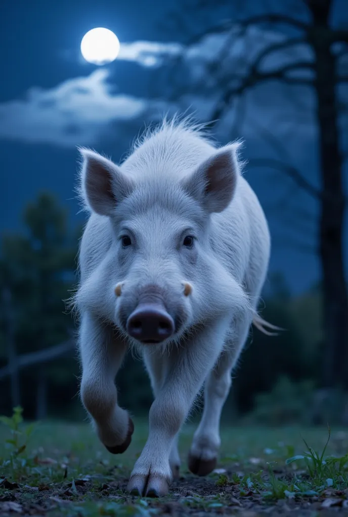 background → under the moon at night　Color of the moon → blue　Clouds are appearing　background → deep forest　background → blurred composition　A large white boar runs through the forest　Wild boars have huge fangs