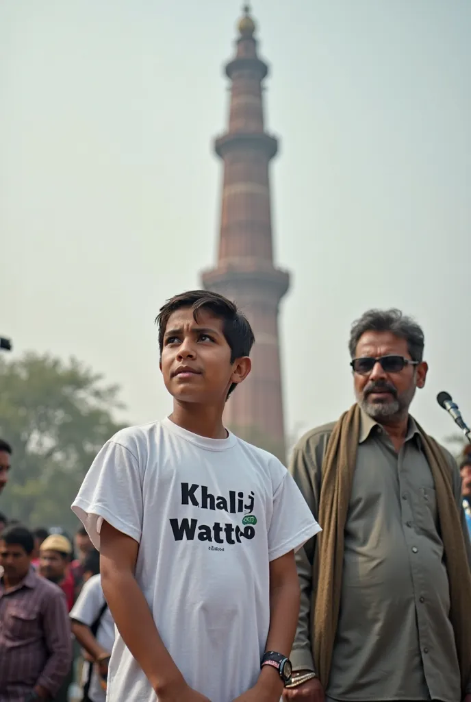 A boy that is .He wear a PTI t shirt and write khalil wattoo on his shirt .he stands with Imran khan ( pti chairman) and gave speech in minare Pakistan.