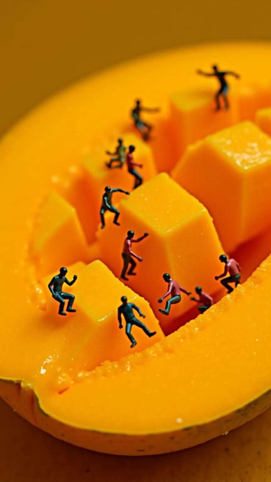 Create a highly detailed, ultra-realistic close-up scene of miniature human figures inside the peeled part of a mango. The inside of the mango is vibrant with deep yellow-orange flesh, and some mini-figures are sitting on the soft fruit, while others are e...