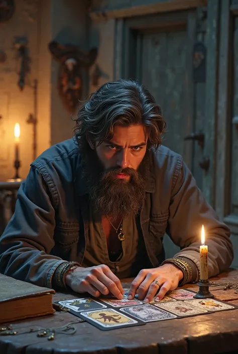 hairy and bearded young man with the Tarot in the bedroom with the door closed, sitting 