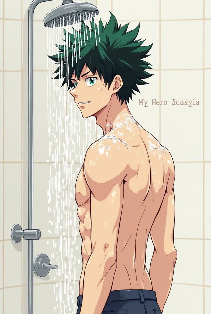 Deku Aka Izuku Midoriya from My Hero Academia, nu sous la douche en train de se laver le torse, A Moitié de dos. en dessin simple dans le style de l'artiste Kohei Horikoshi