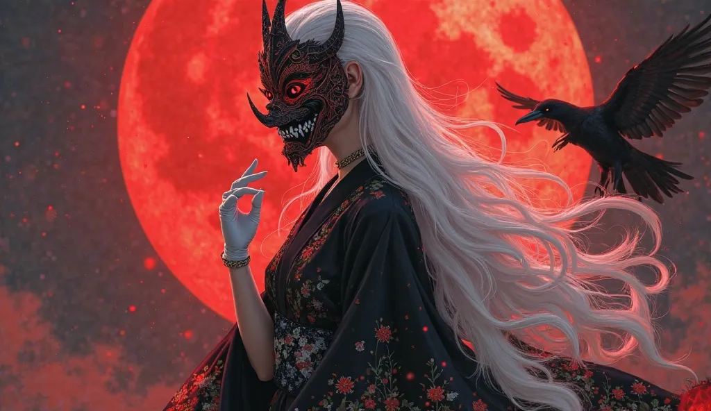 girl black kimono and gloves white hair blood moon crow anime oni mask