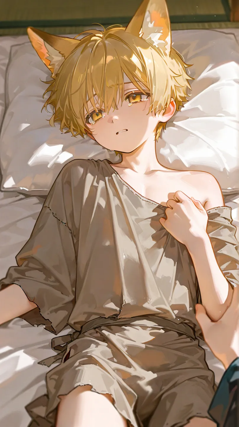 young  boy,fox boy,gold hair,rags and tatters,sad face,tearful face,NSFW, Lie on your back on a futon