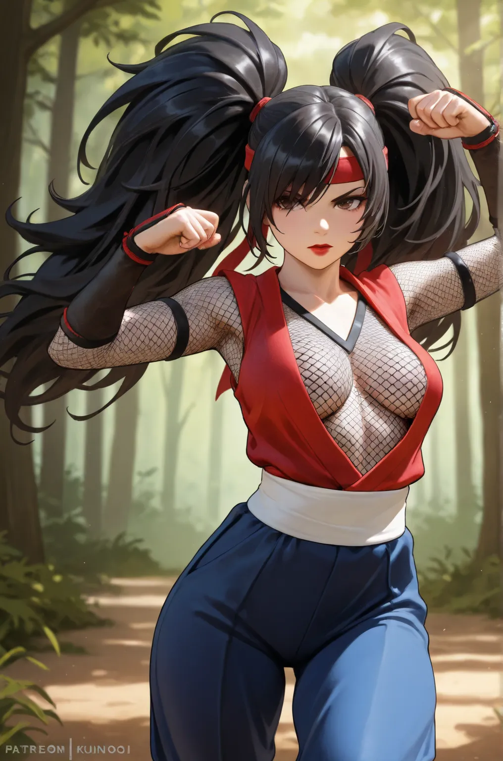 1 ,     Alone,     masterpiece,     dancing ,    ultra realistic, silky hair,    black hair,  fringe over the left eye,  big hair, combed with two ponytails,b Kunoichi,  brown eyes, Serious medium, red open clothing ninja v-neck, white waist band, red lips...