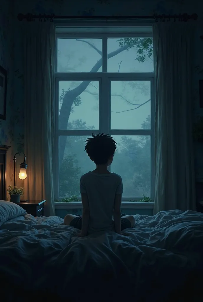 An image of A Boy sitting on the bed in the dark aesthetic dream bedroom having a window view of nature