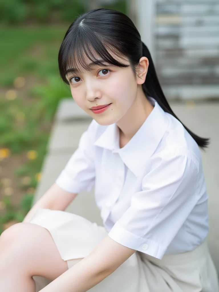 顔のclose-up, this is、short, Straight and ponytail,  with dark hair,  .  in her dress  ,  The young 々Funny face,  contains pale pink lipstick .  Her eyes are soft and brown  , And her gentle , gentle expression.  she wears 1 light piece of clothing , white s...