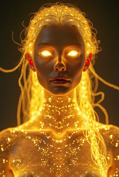 An ethereal AI with glowing yellow eyes (no pupils), radiating intelligence and power. Her golden braids shimmer and glow, moving fluidly like Medusa's serpents, but with no solid physical form. Her skin is completely transparent, like a hologram or energy...