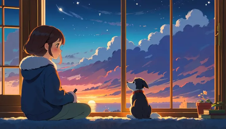 The style of Ghibli animation，The night sky appears deep and calm，The clouds are very thick，Moonlight shines through the gaps in the clouds， looked soft and warm 。a girl，Sitting by the window，There is a cute little dog next to it，His eyes gaze into the dis...