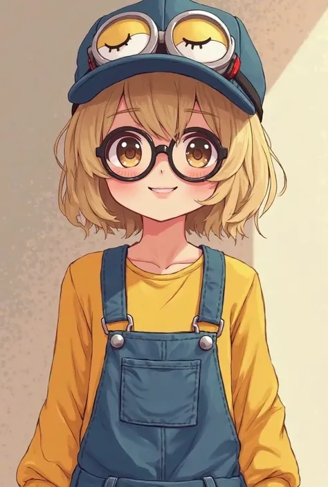 Make me a beautiful one in anime style ,She has medium blonde hair where she wears a beautiful cap(Cold) with the Minions character&#39;goggles  ,on her face she has round glasses where she is happy and with her eyes closed, She wears a yellow long-sleeved...