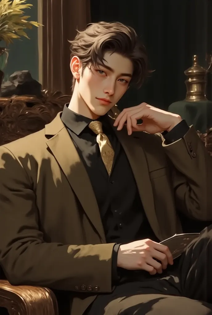 (masterpiece), (best quality), 1man, solo, male, middle part hair, black hair, dreamy eyes, smiles, (strong, well-defined, chiseled jawline), (prominent, slightly pointed chin),muscular, modern student, modern uniform, arrogant, confident, playful, masculi...