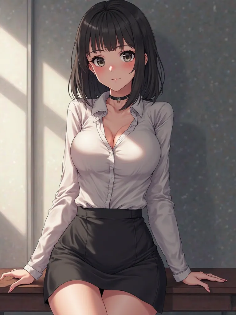  a beautiful young woman ,  Breast cup size 100, Big ass , Teacher, anime, short tight skirt in black, And a white blouse see-through,  dominant, black hair, Arms injured under the chest so the breasts are pushed up, strict, sexy