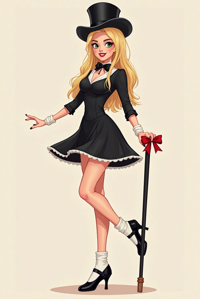 Create avatar of design beautiful teacher Denise, blonde, friendly, smart, drawing perspectives, Bullish, green eyes, Long, straight hair, wearing black leotard, black bow with a white collar around her neck, black Mary Jane tap shoes, with white socks. Wh...