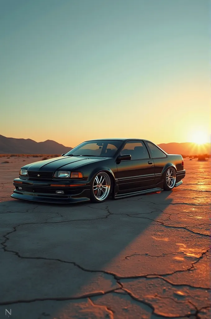 Here's the prompt: A close-up shot of a stunning a sleek black 1996 Chevrolet Monza four-door lowrider on cracked pavement as the setting sun casts a warm orange glow. Custom wheels reflect the fading light, while the windshield's subtle sheen hints at an ...