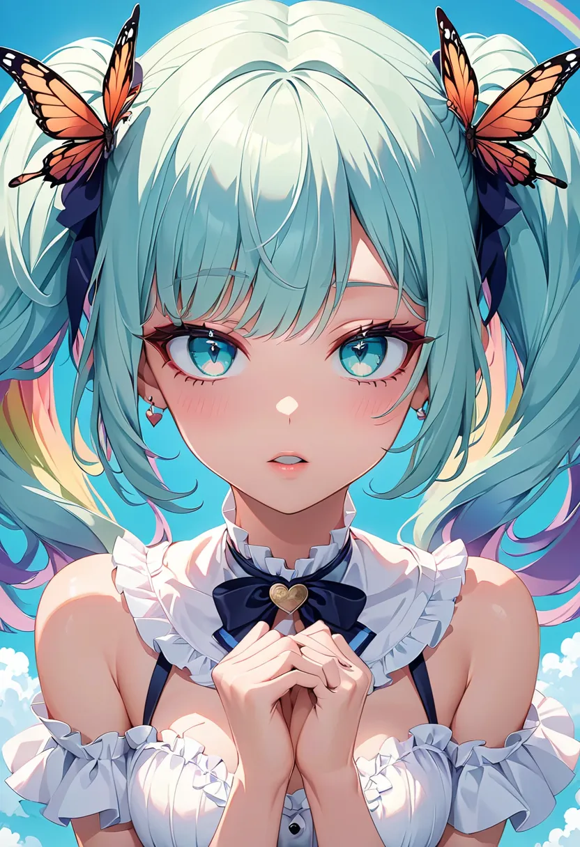 masterpiece, best quality, high quality, detailed, ultra detailed, hyper detailed, insanely detailed, exquisite, beautiful, Full-HD, 16K, highres, absurdres, fairy, a creature, memphis pattern, two side up, aqua hair, white hair, colored inner hair, aqua e...