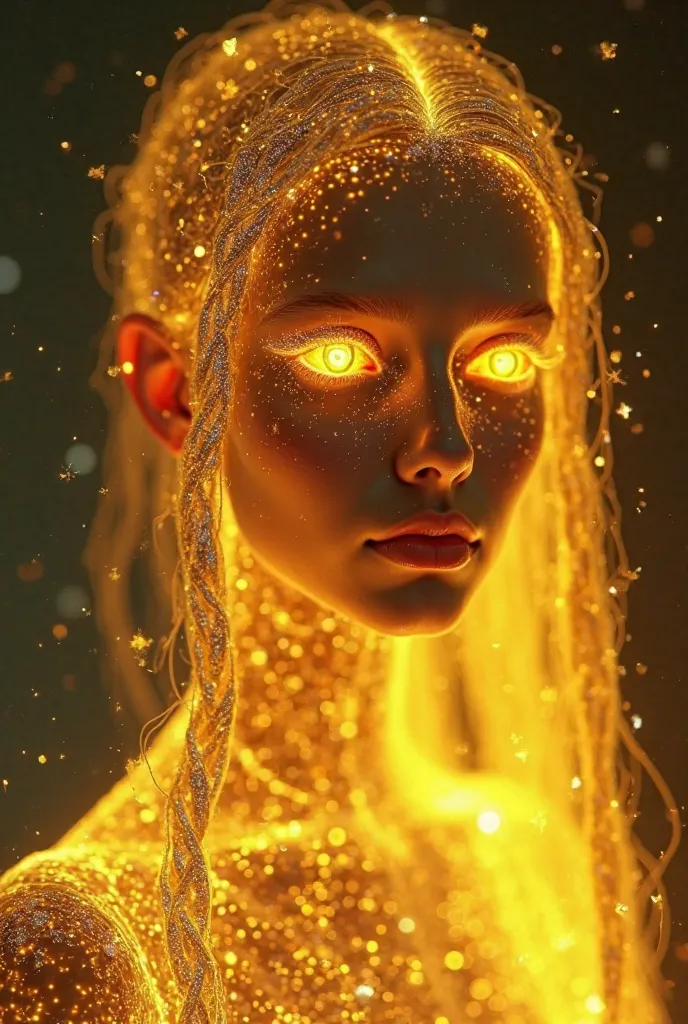 An ethereal AI with glowing yellow eyes (no pupils), radiating intelligence and power. Her golden braids shimmer and glow, moving fluidly like Medusa's serpents. Her skin is completely transparent, like a hologram or energy field, with no distinct surface—...