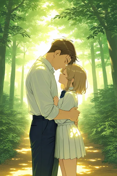 A 18 year old boy with blonde hair standing in an upright position and carrying a girl also 18 year old in his arms  and both wearing school dress 