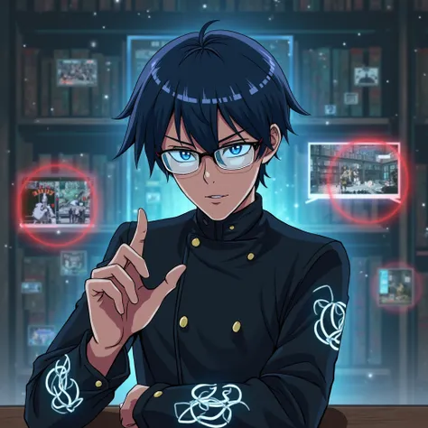 Create an anime-style avatar of an intelligent Bleach strategist, who reveals hidden details in Bleach fight scenes. He has neatly styled dark blue hair, sharp glasses reflecting glowing data, and a composed yet intrigued expression as he deciphers the sec...