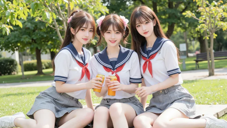 Three very cute Japanese high school girls, holding canned juice, smiling, school uniform, sitting, park