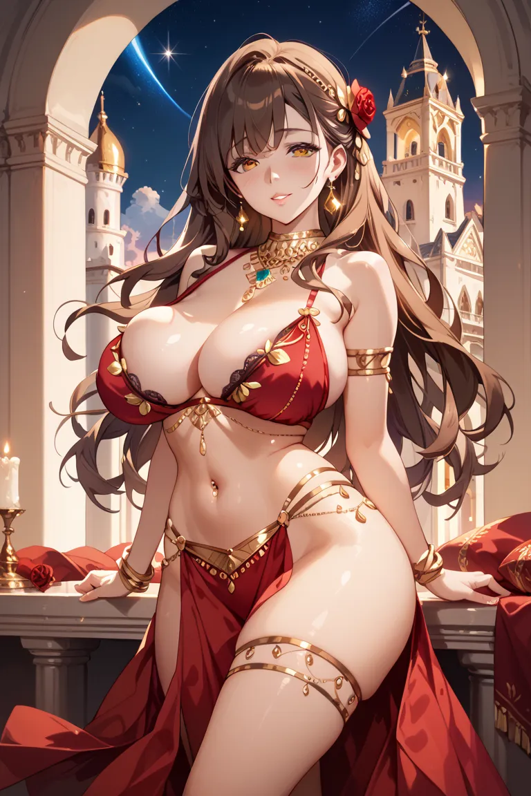 (high quality,evening,Soft Light, has a lot of white space, the whole body is shown)Inside the castle,Mature Young Woman(shiny brown hair,long hair,Sexually attractive expressions,Golden Eyes,Overflowing Breasts, wide hips,Glossy white skin,gold accessorie...