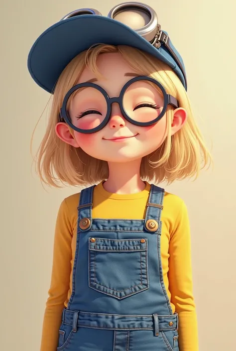 Make me a beautiful one in anime style ,He has medium blonde hair where he wears a beautiful cap(Cold) with the Minions character&#39;goggles  ,on her face she has round glasses where she is happy and with her eyes closed, He wears a yellow long-sleeved sh...