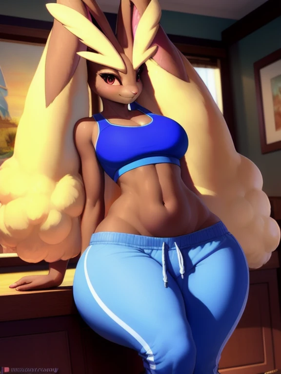 uploaded on e621, explicit content, 3d:0.7, cutesexyrobutts, hioshiru, female, solo, lopunny, short round fluffy tail, bedroom setting, (blue sports bra with white trim, short sweatpants), (large breasts, natural breasts, breast sag:0.8), thick thighs, wid...