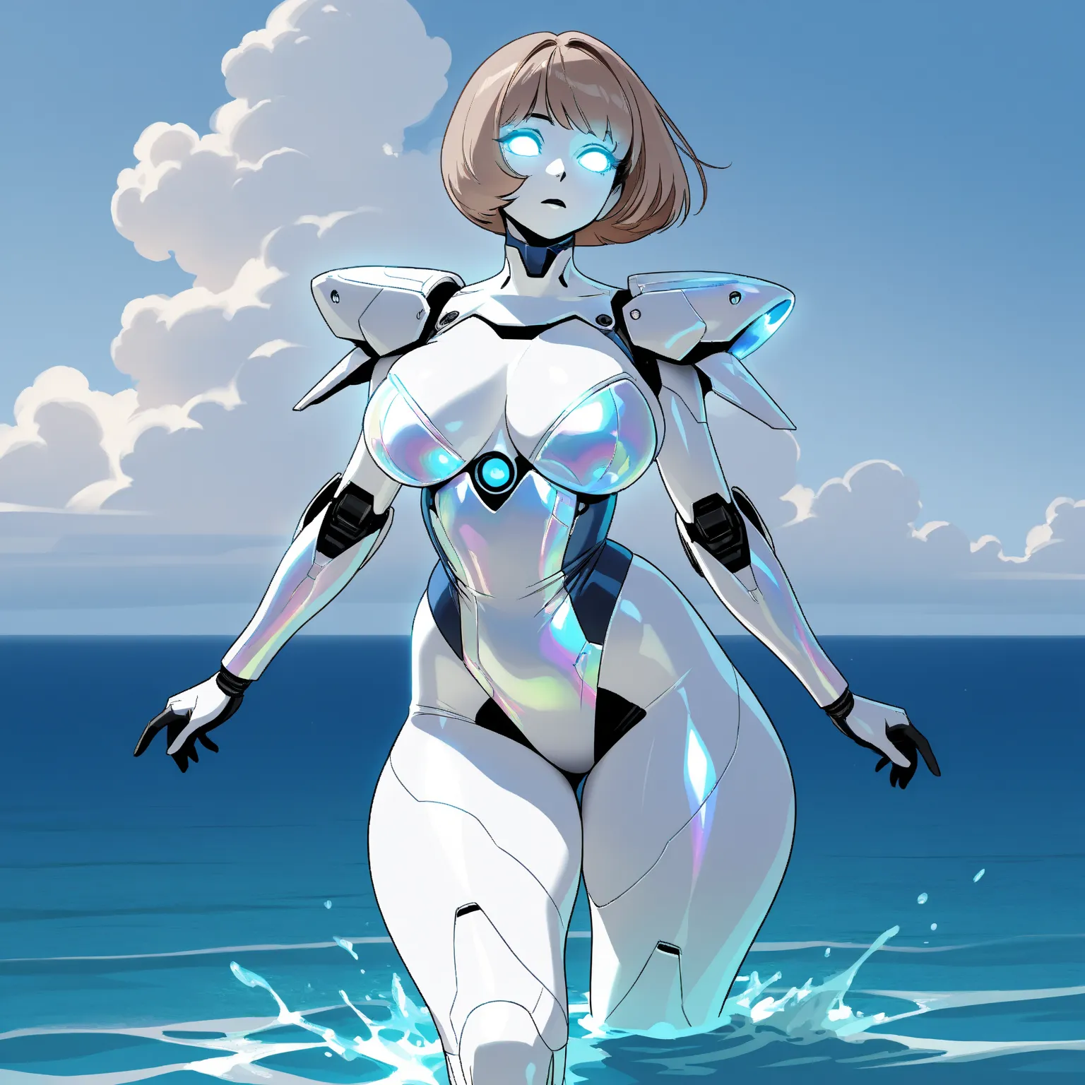 Mathilda, Robotic white skinned woman, Bob cut Light Brown Hair, Large Breast, Voluptuous Build, wide hipped, thick thighs, wearing Ocean Blue Heavy Aquatic Armor, iridescent White glowing glass eyes, Floating in the Ocean, during the day