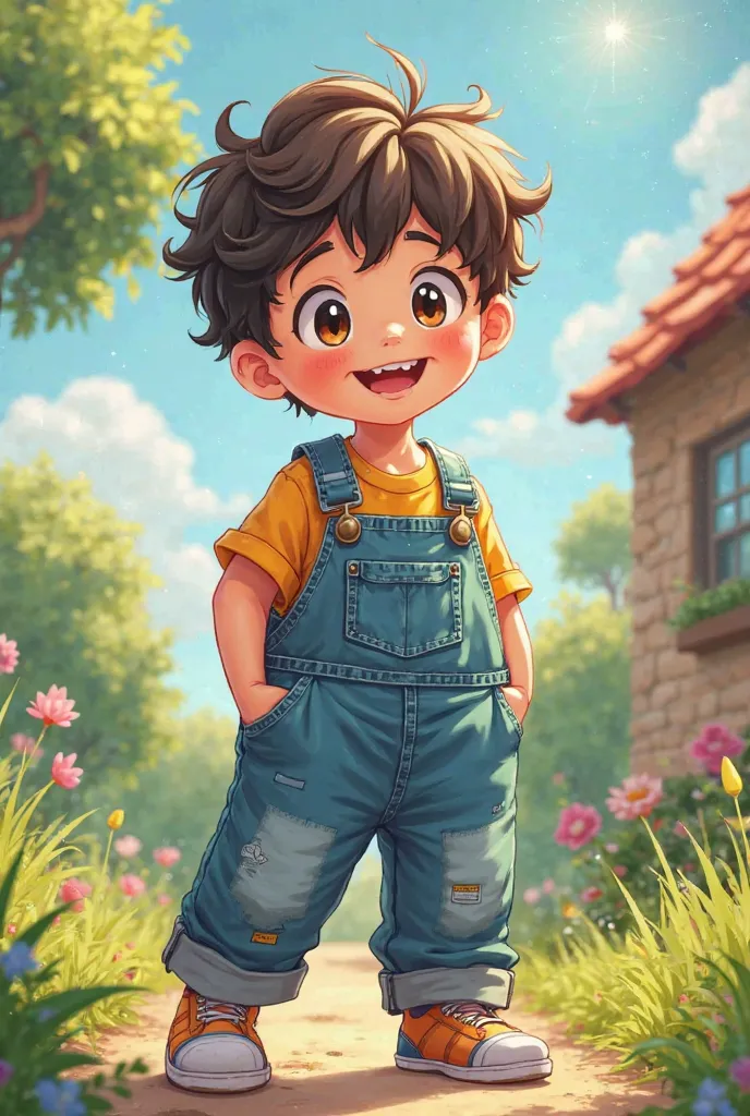  anime boy wearing his little brothers overalls