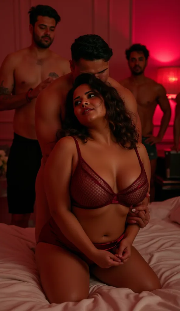 Pov back view, bedroom scene, 26 year old very beautiful North Indian plus sized woman in  meroon colour  body tight silk micro skirt and net bra, belley button exposed, laying on a bed on her knees in a bedroom , bended over to the bed, face touching on b...