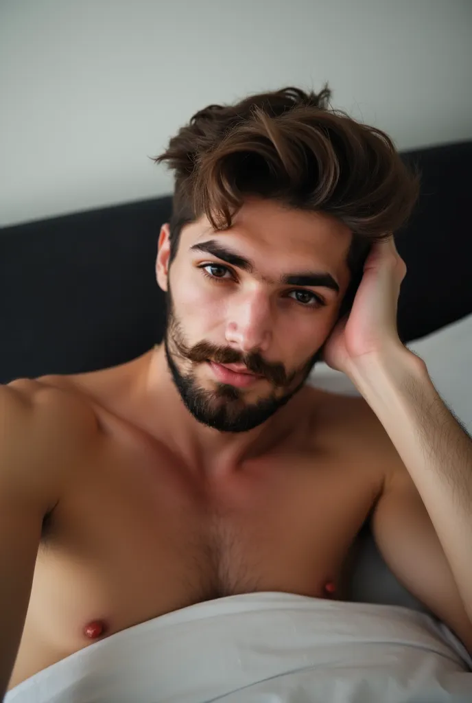 Close-up selfie of a young man lying in bed. he is shirtless and has a beard. his eyes are closed and his head is resting on his hand. he appears to be relaxed and comfortable. the background is a white wall with a black headboard. the overall mood of the ...