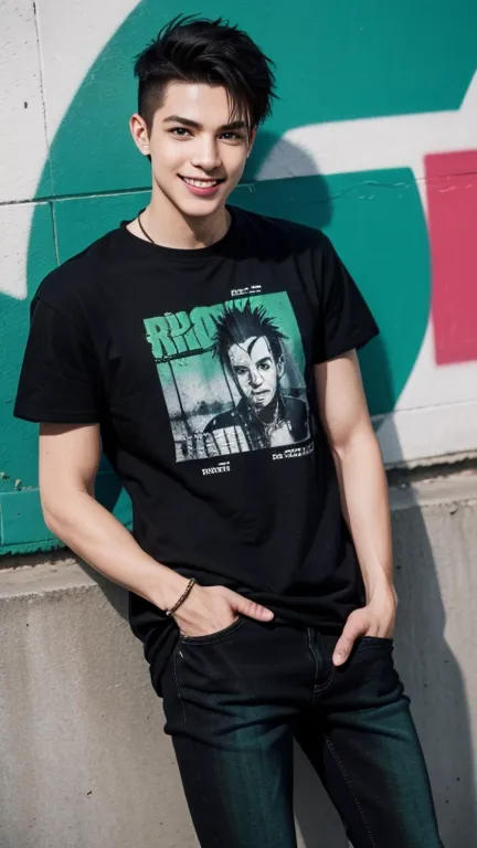 solo , 1man , European man , Smile and be happy , green shirt rock punk styes , black jeans rock punk styes , graffiti pattern shirt