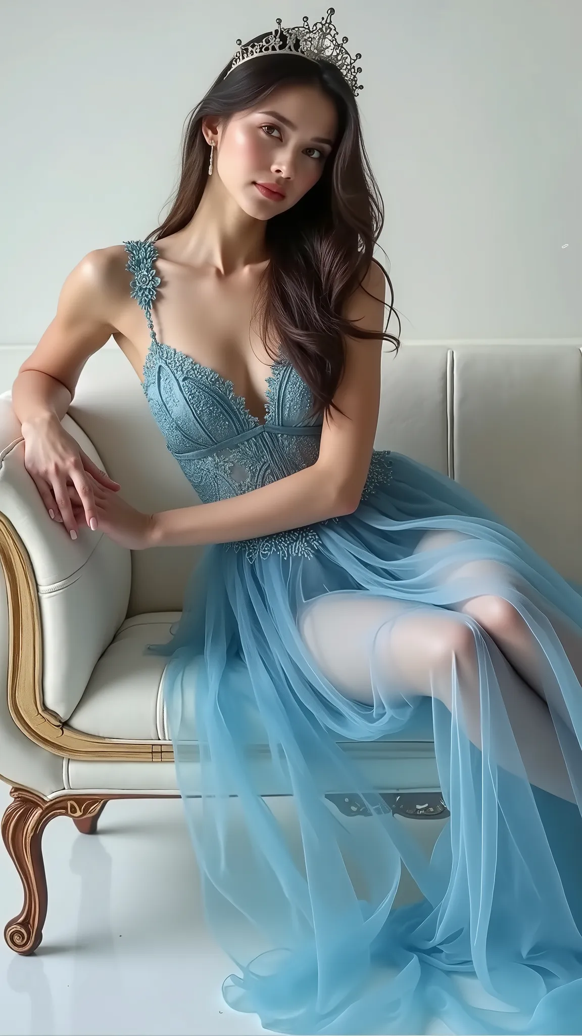 High quality, high definition photo of a very beautiful slender young pretty woman in a blue dress sitting on a white couch, wearing an evening gown, dressed beautiful gown, sexy gown, wearing an elegant dress, wearing a magnificent dress, stunning elegant...