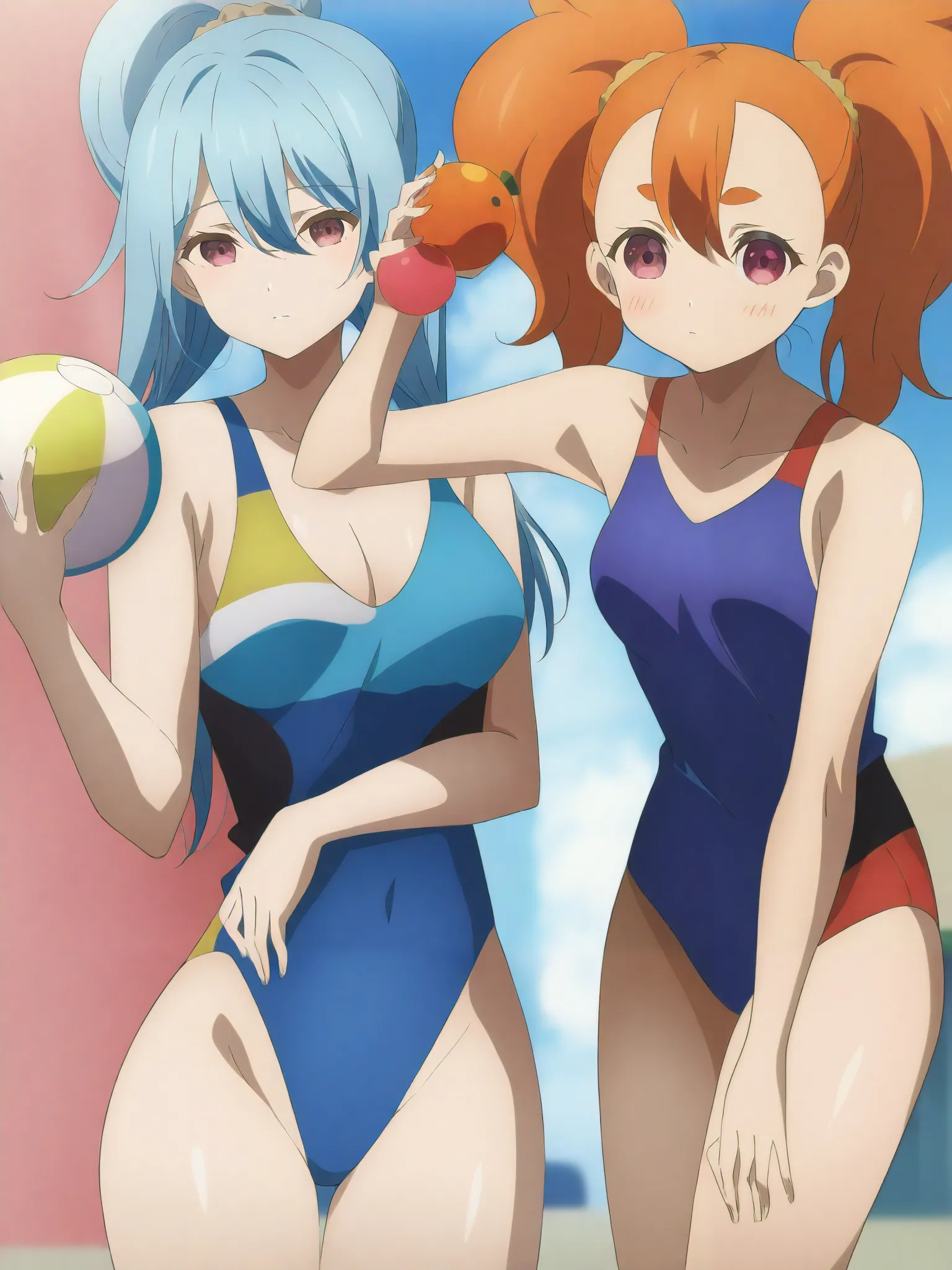 2 girls, long hair,  sky blue hair, expressionless, 



 Low Lambble Hair ,  orange head,  ball inflating,  The whole face is red,  