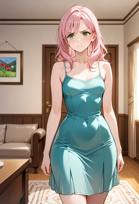 1 woman, grown up, sweet, innocent, light pink hair, cute, adult, tall, mature face, wide hips, small breasts, (teal dress, spaghetti straps), standing in living room, green eyes, upset, betrayed