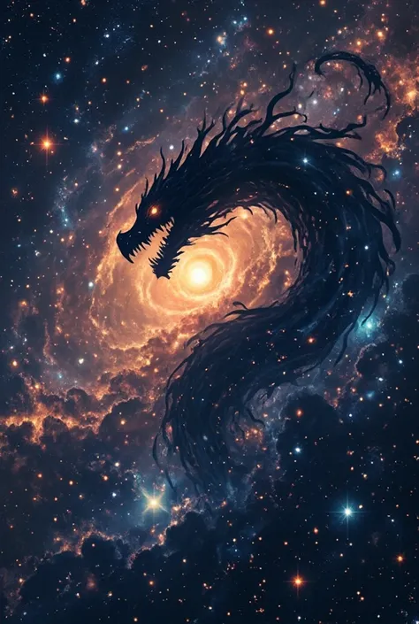 a space scene showing a cluster of stars and galaxies, and a solar system, where the sun as the center is the eye of a dragon, the silhouette of the dragon blends with the beauty of space, only in the form of a silhouette, a very large dragon. surrealism y...