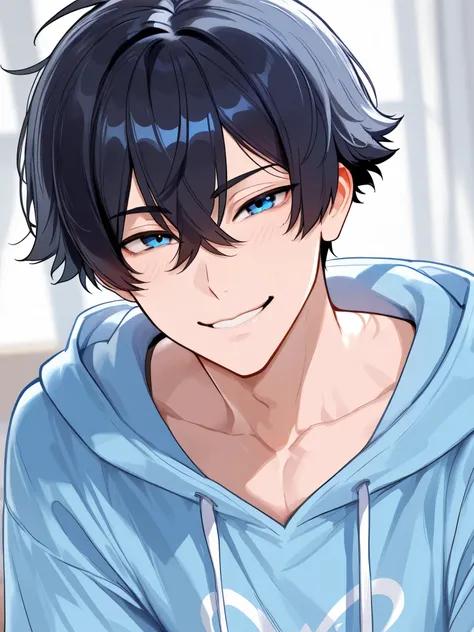 1boy, short boyish hair, messy bangs, black hair, blue eyes, mischievous smile