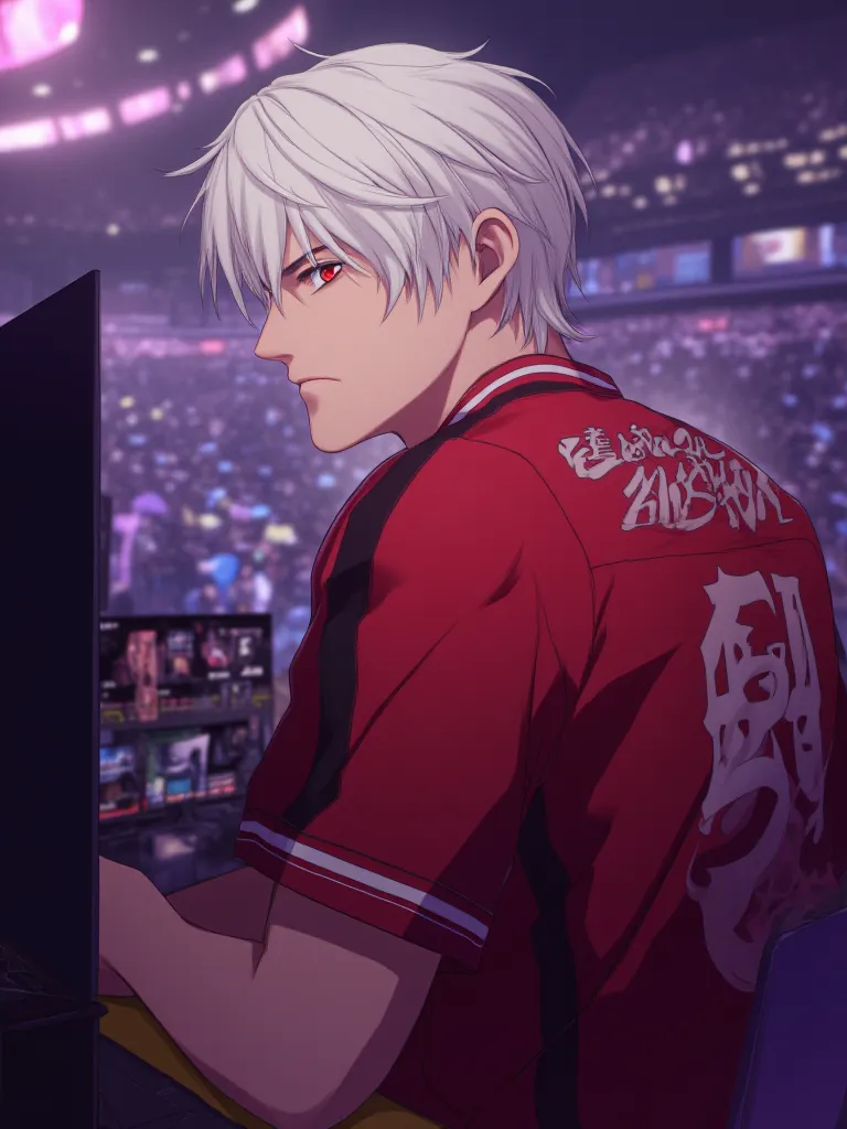 An ultra-realistic male anime character with short, white hair, sitting in front of a computer looking to the side, Serious face on your face, the red shirt with black and white details, on the back of the jersey written, 2K H0Shina, With red and white col...