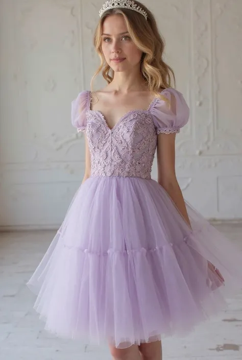 romantic tulle dress in a soft lavender shade, with a heart-shaped neckline and delicate lace details. The puffed sleeves add an ethereal touch, while a layered skirt plays gracefully with your figure. Accessorize it with pearl jewelry and a discreet tiara