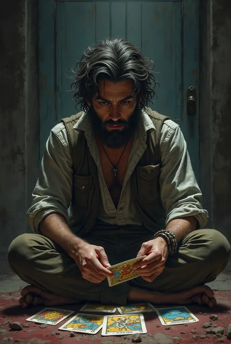  Young man, Bearded and hairy guy reading Tarot sitting on the floor with the door closed 