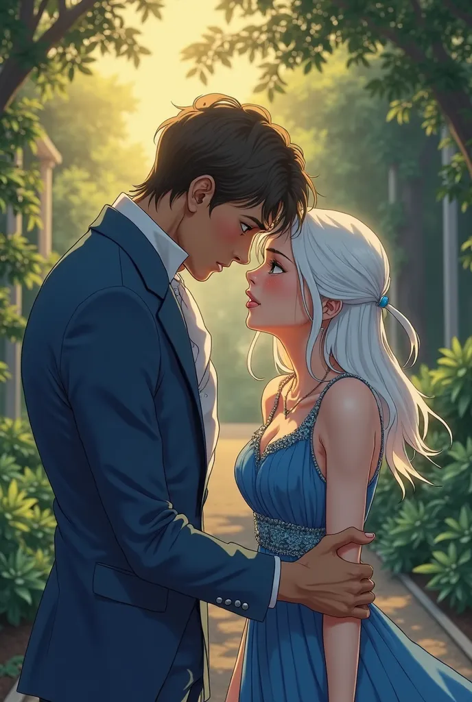 Stylish Anime illustrates In a corner of the garden, illuminated by the evening light a young woman with long white hair and golden eyes in a deep blue dress, A young woman with white hair and golden eyes in a deep blue dress is standing crying in front of...