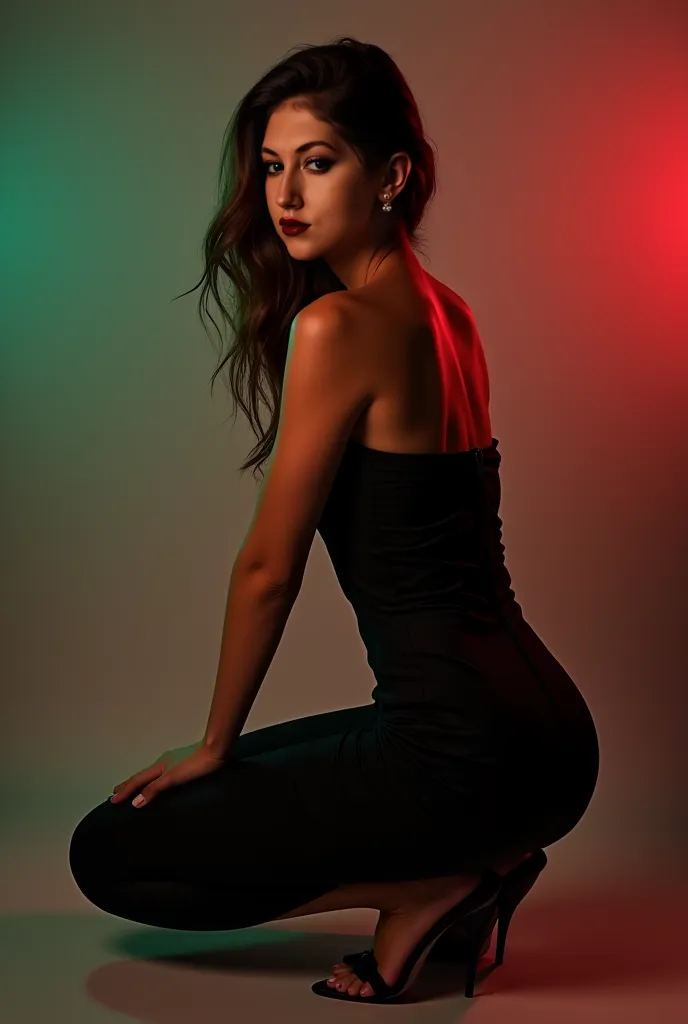 posing for the camera in a photo studio in a black fitted silk dress to make it look very light with bare shoulders .  squatting sexy or some unusual poses. a game with shadows in a photo where colorful lamps shine on both sides.  with a slender body , dar...