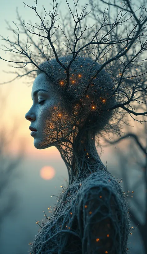 A surreal, dreamlike image of a human transparent face seamlessly merging with delicate tree branches, forming an intricate silhouette. The branches are adorned with glistening dewdrops or ice crystals, reflecting ambient light. The eyelashes appear like f...