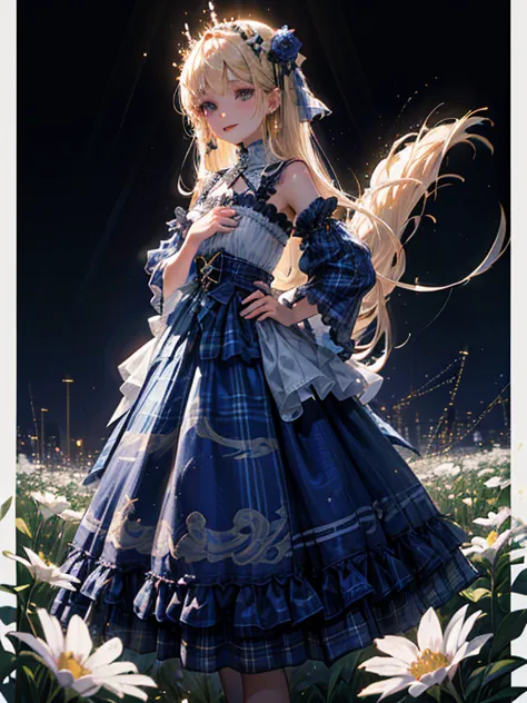 (masterpiece),(Highest quality:1.2),((perfect anatomy)),((cross your arms around your back)),(1 girl),(flat chest),Highest quality,( Royal Blue White Plaid Long Skirt:1.3),( Sheer White Knit Clothes ),(Blonde with Side Tail ),beautiful smile, The Walking P...