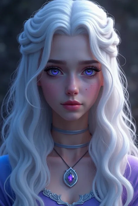 I want you to generate an image of a Targaryen ager with Heterochromia the left color blue and the right purple, she must have long wavy hair, has a raised nose and has certain features similar to Jinx, She looks angelic but sexy, She has white hair and is...