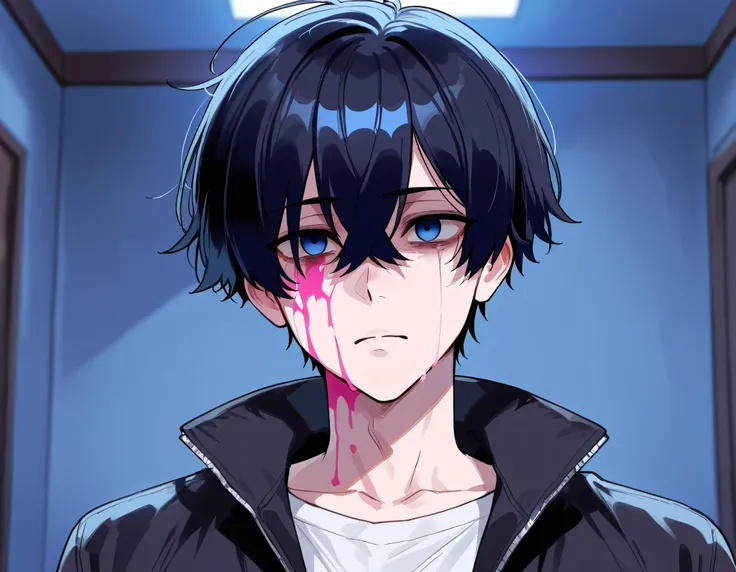 1boy, short boyish hair, messy bangs, black hair, blue eyes, empty eyes, yandere, pink blood, serious, empty expression