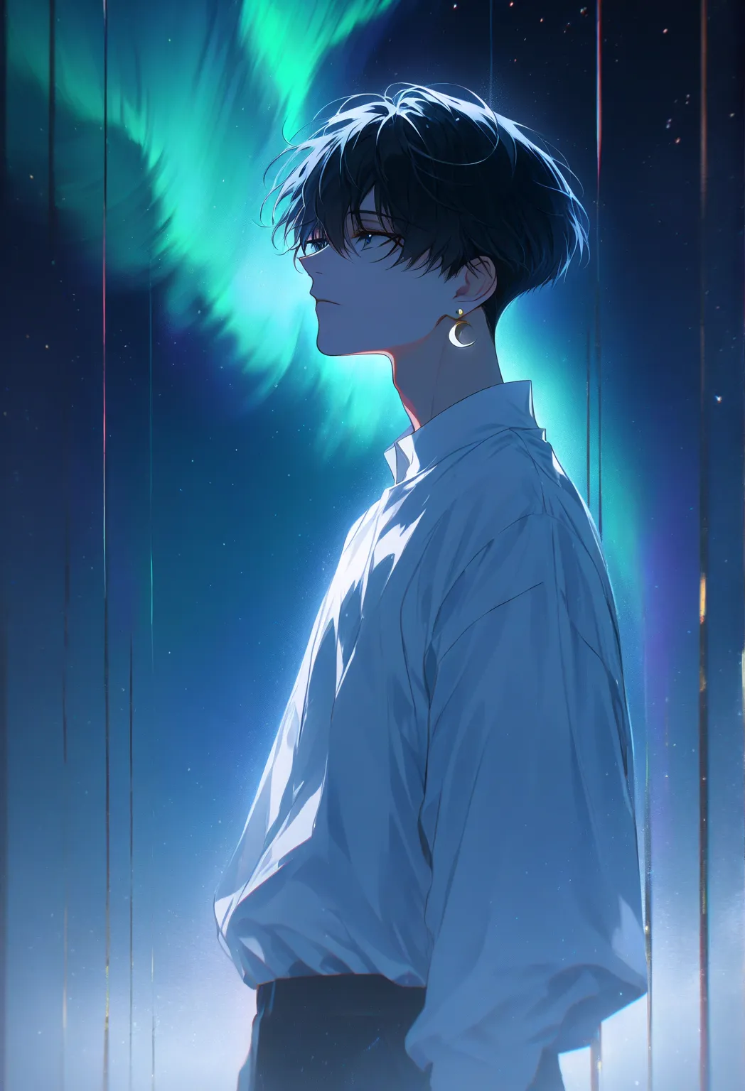 Solo, 1 boy, black hair, aurora yes, white shirt, short hair, cressent earrings, half body